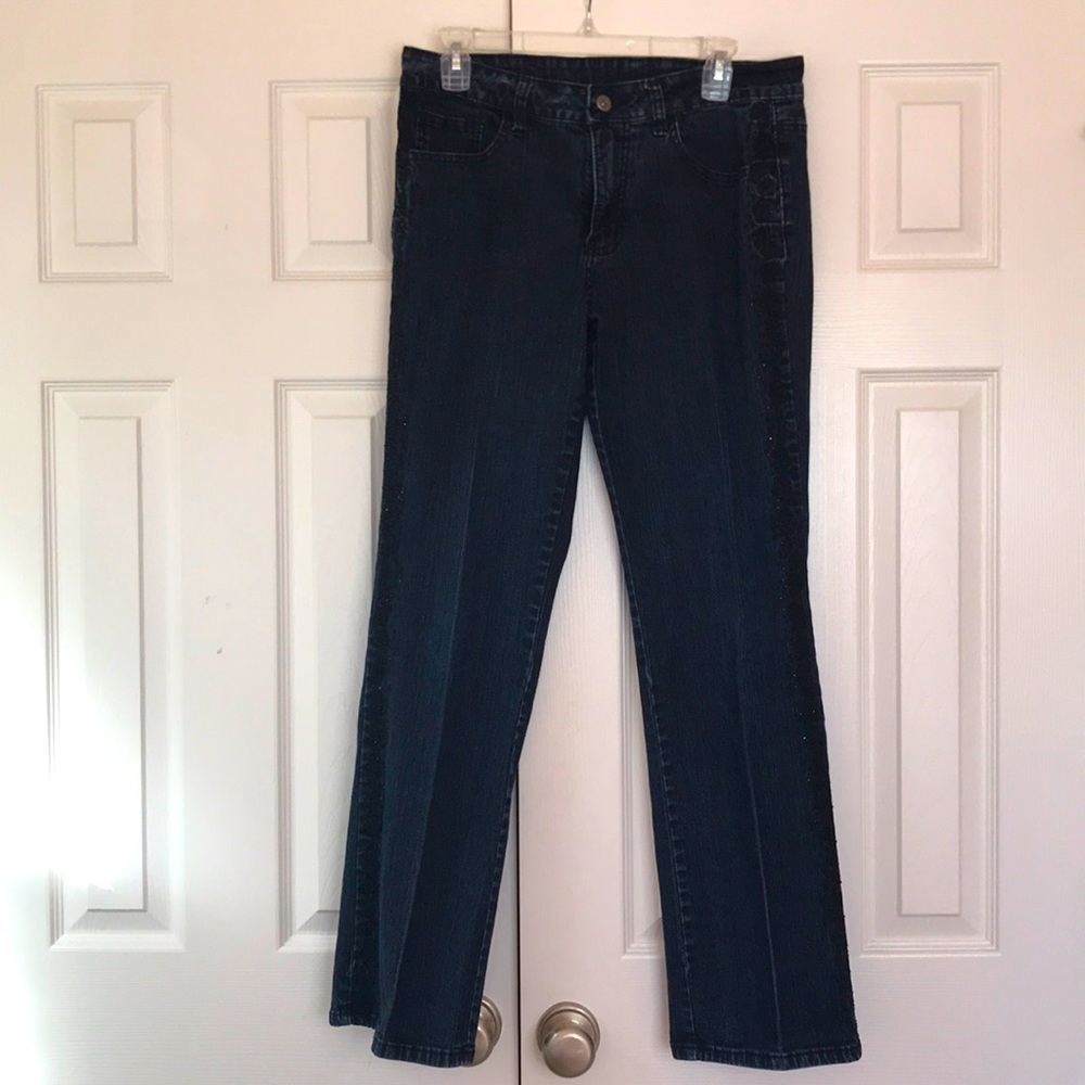 Ladies stretch jeans embroidered roses rhinestone